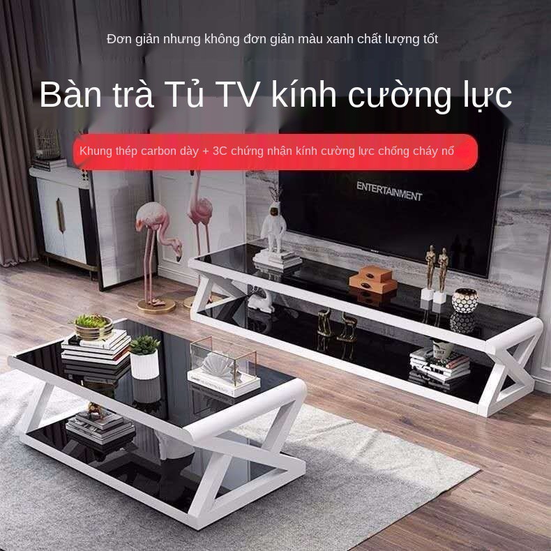 Tủ tivi kính cường lực kết hợp bàn cafe đơn giản và hiện đại bộ sơn phòng khách phong cách Châu Âu chung cư nhỏ <