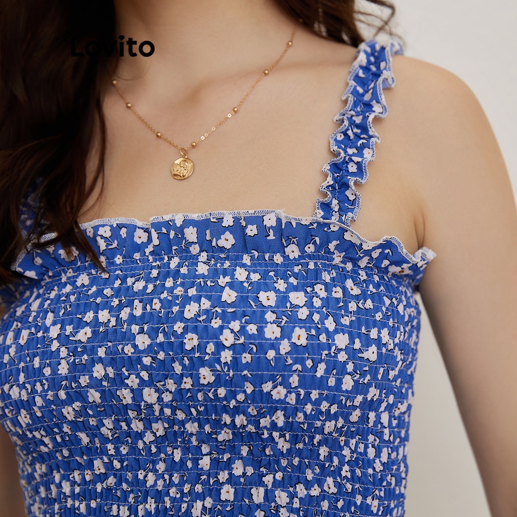 Lovito Áo Tank Top Diềm Xếp Nếp In Hoa L20D187 (Xanh Lam)