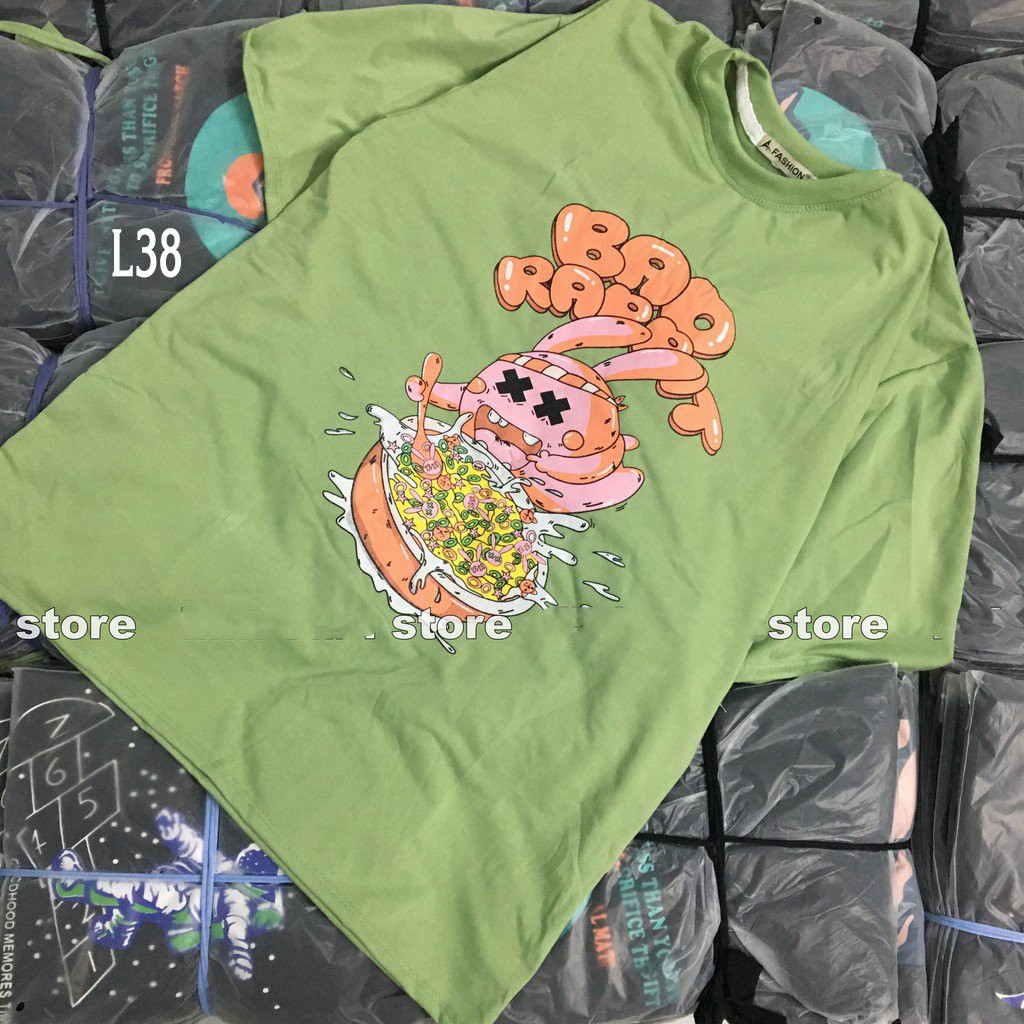 Áo thun 𝑭𝒓𝒆𝒆𝒔𝒉𝒊𝒑 Áo phông form rộng dáng Unisex L38, mặc lớp, nhóm, cặp in chữ BAD RABBIT NẤU ĂN màu xanh.