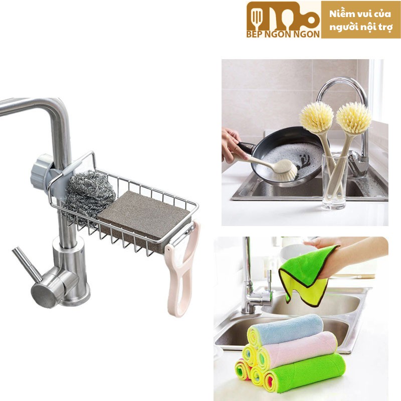Giá inox đựng xốp cọ, chai nước rửa chén treo vòi nước bồn rửa chén tiện lợi dễ dàng_BEP NGON NGON
