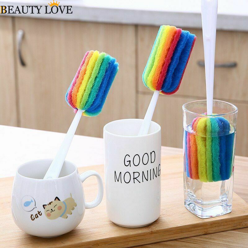 Bàn Chải Vệ Sinh Cốc Thủy Tinh / Cốc Nước Cán Dài Màu Cầu Vồng Tiện Dụng