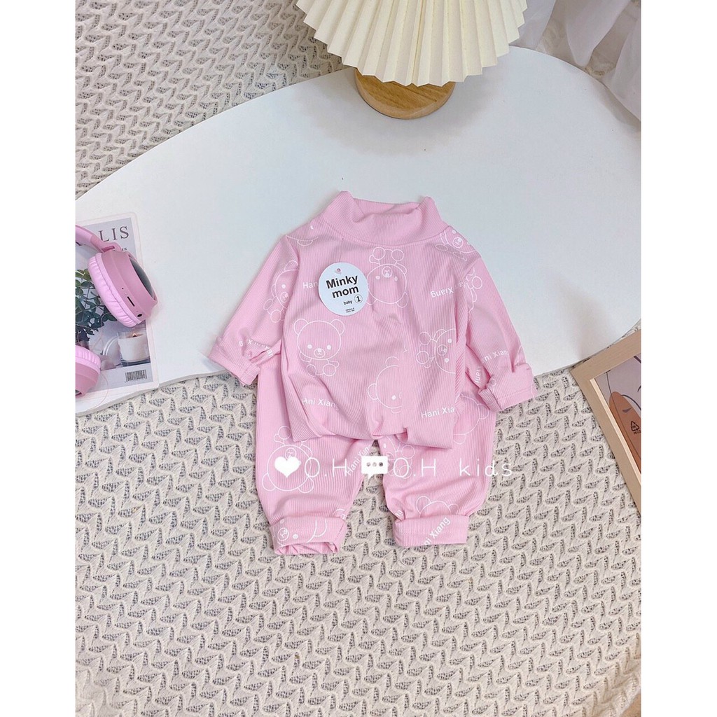 Sale! Bộ dài tay thun gân/len tăm hàng Minky mom chính hãng, họa tiết in gấu cổ trụ 3cm cho bé (5-18kg) (DT12)