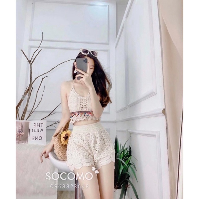 Ren 11-Ảnh Thật Shop Chụp-Set ren Bikini đi biển xinh - áo bra vây cá quả bông + quần cạp ren hoa
