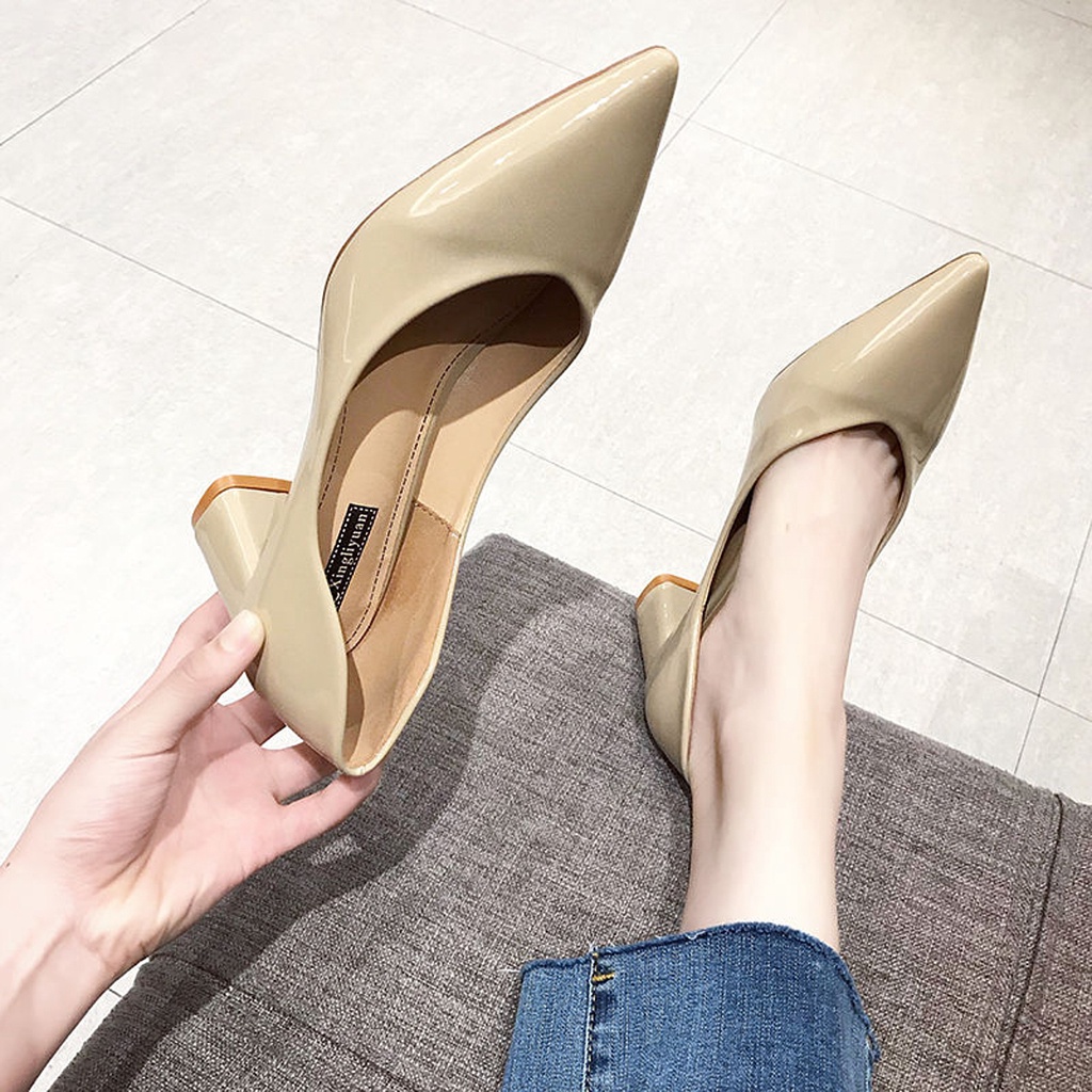 Giày Cao Gót Công Sở Ulzzang Basic Bít Mũi Nhọn Đế Vuông 5cm Da Bóng Mềm Phong Cách Hàn Quốc - Iclassy_shoes