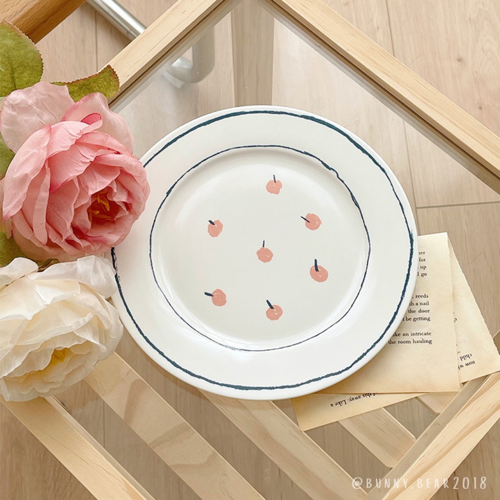 Đĩa sứ viền xanh cherry hồng cao cấp xinh xắn