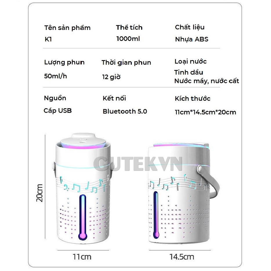 Máy phun sương tạo độ ẩm xông tinh dầu kiêm loa bluetooth không dây nghe nhạc đèn led nhiều màu – Gutek K1