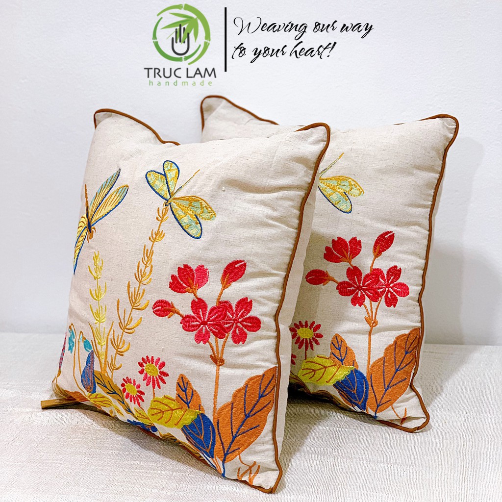 Gối/Vỏ Gối Vuông Tựa Lưng Sofa(45x45) Trang Trí Phòng Vải Linen Thêu Thủ Công Hình Chuồn Chuồn Hoa Lá- Trúc Lâm Handmade