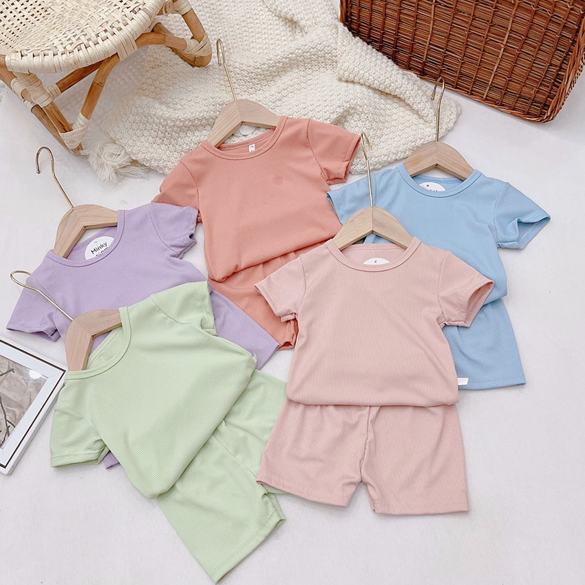 Bộ Quần Áo Cộc Tay Vải Tăm Màu Pastel Thoáng Mát Mềm Mại Cho Bé Từ 8-18kg Mã CT18