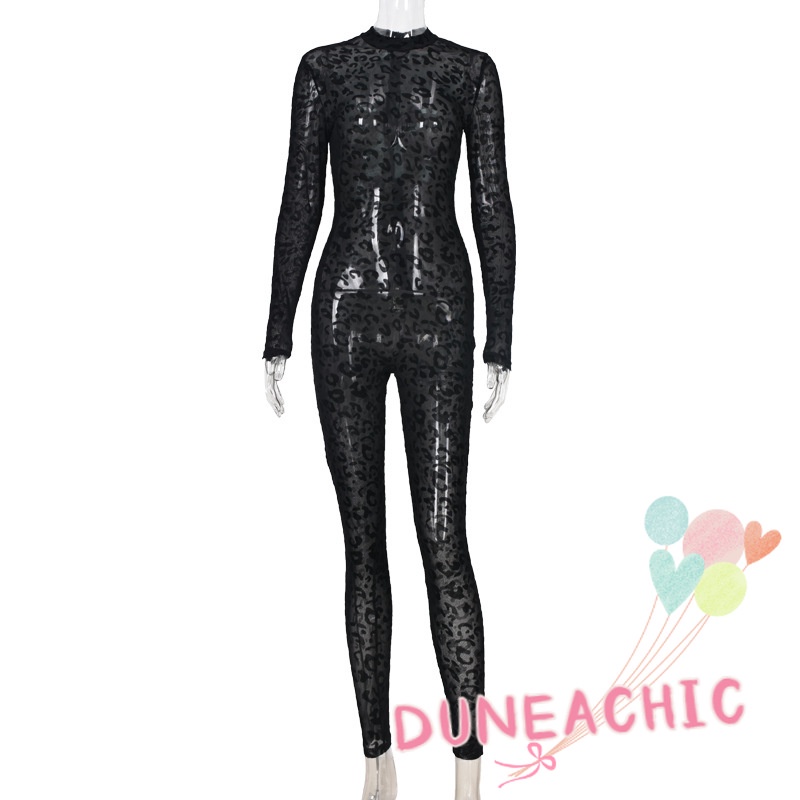 DUNEA Áo liền quần Tay Dài Xuyên Thấu Họa Tiết Da Báo Quyến Rũ Cho Nữ