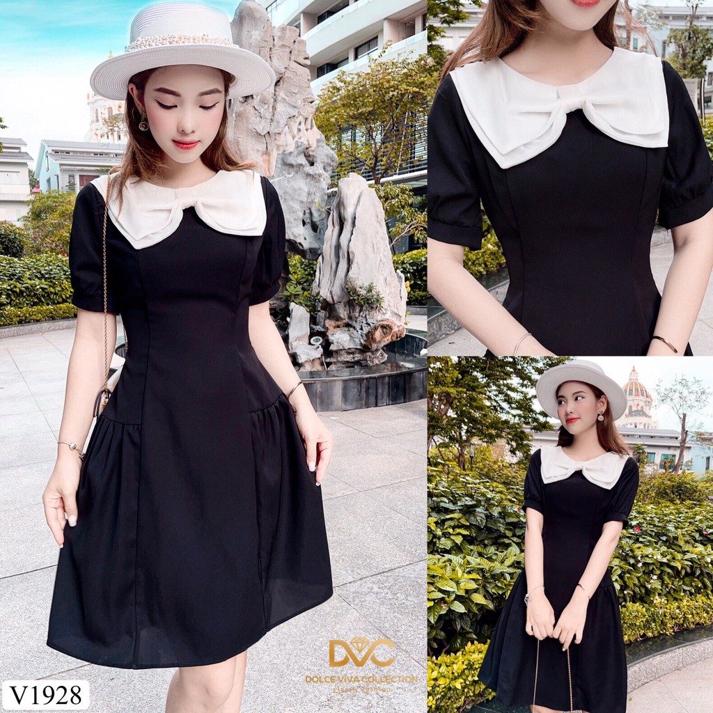 Váy đen xòe phối nơ trắng V1928 - Đẹp Shop DVC (Kèm ảnh thật trải sàn do shop tự chụp) | BigBuy360 - bigbuy360.vn