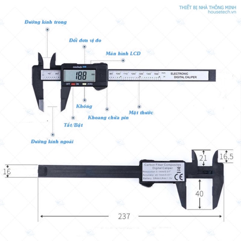 [Tặng kèm pin] Thước Kẹp Điện Tử Sợi Nhựa Carbon