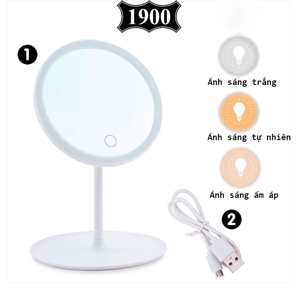 Gương tròn trang điểm để bàn có đèn LED, Gương trang điểm cảm ứng 3 cấp độ ánh sáng, Gương trang điểm cáp sạc USB