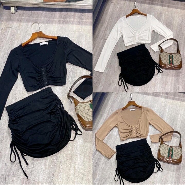 Áo croptop nhún ngực tay dài phối nút chất thun Lụa mềm mịn Cam Kết Hàng Y Hình Kèm Ảnh Thật Chính Chủ