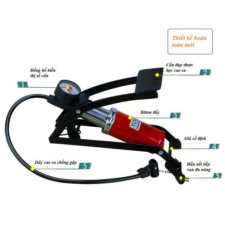 Bơm đạp chân mini gấp gọn dùng cho bể bơi ôto xe máy xe đạp siêu tiện lợi có đồng hồ đo áp suất