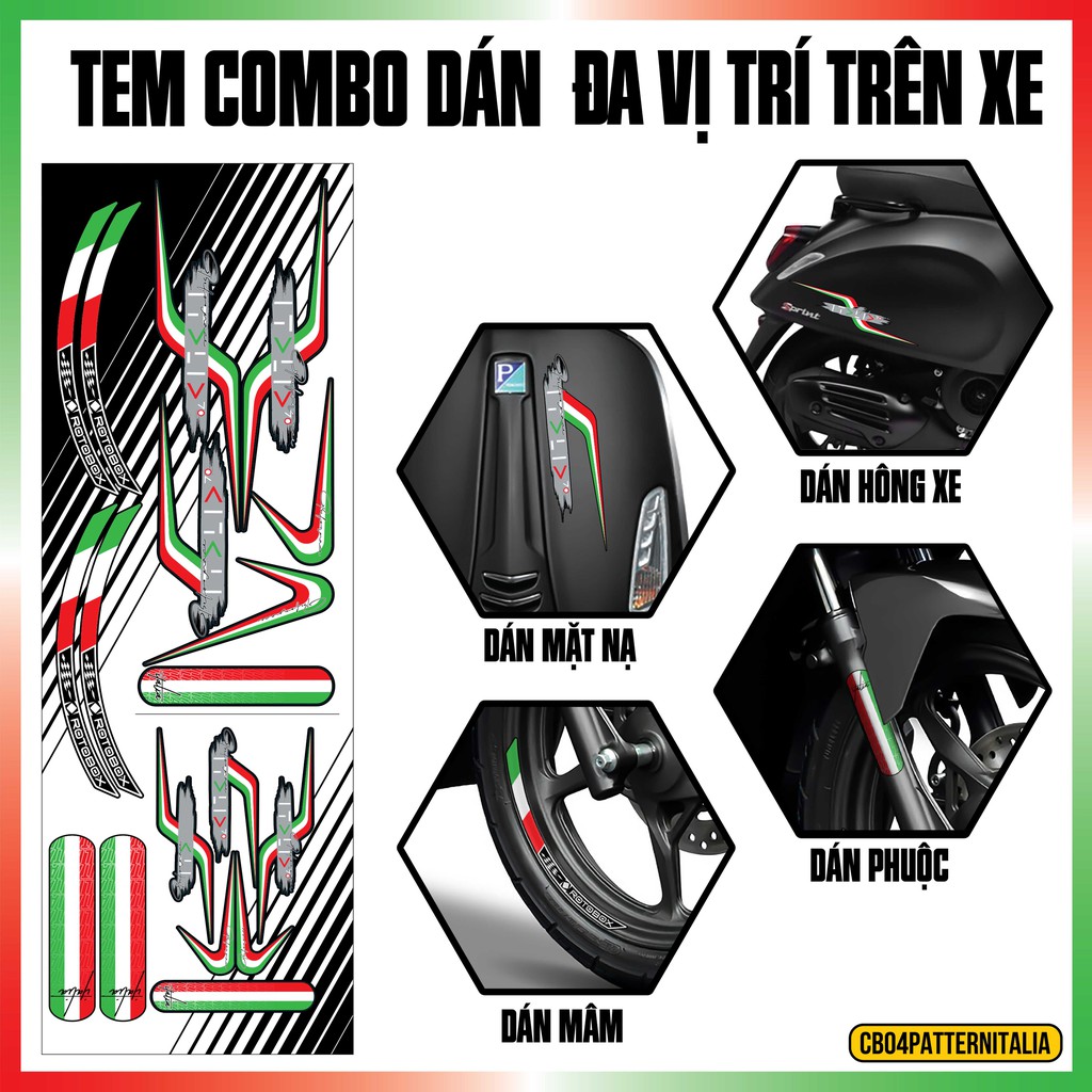 Tem Xe Máy Italia Partent Dán Đa Vị Trí Trên Xe | 2CBPATENITALIA | Chất Liêu PVC 5 Lớp Chống Nước, Chống Thấm