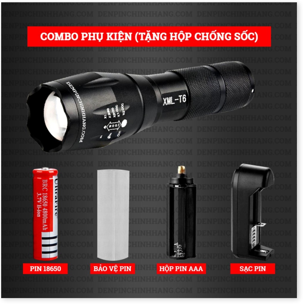 Đèn Pin Siêu Sáng - Đèn Pin chống nước 5 chế độ sáng Cao Cấp XML - T6 Zoom to nhỏ kèm Pin, đèn pin đi đêm đi rừng đa năn