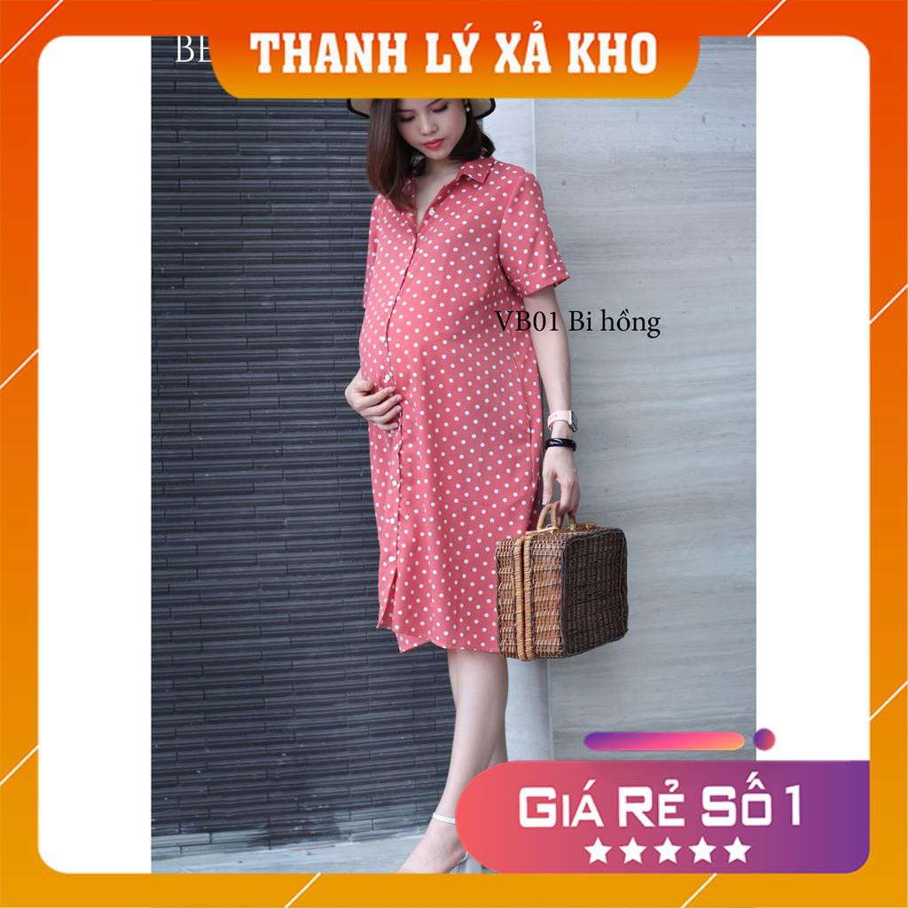 - Đầm bầu công sở dáng suông chấm bi hồng/xanh