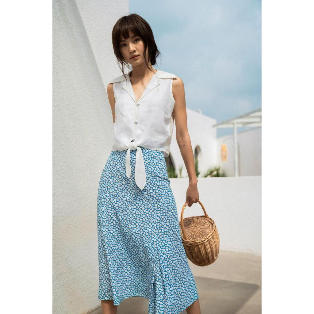 Áo sơ mi có cổ dáng crop nữ YV LE &amp; CO vải Linen màu trắng thanh lịch