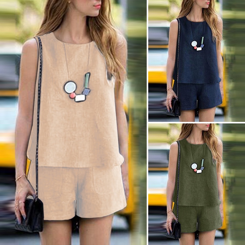 Zanzea Set Áo 2 Dây + Quần Short Trơn Màu Thời Trang Dành Cho Nữ