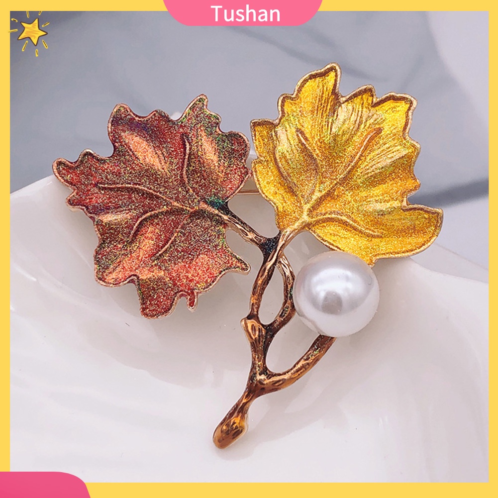 Ghim cài áo hình lá phong đính hạt ngọc trai nhân tạo thời trang dành cho nữ