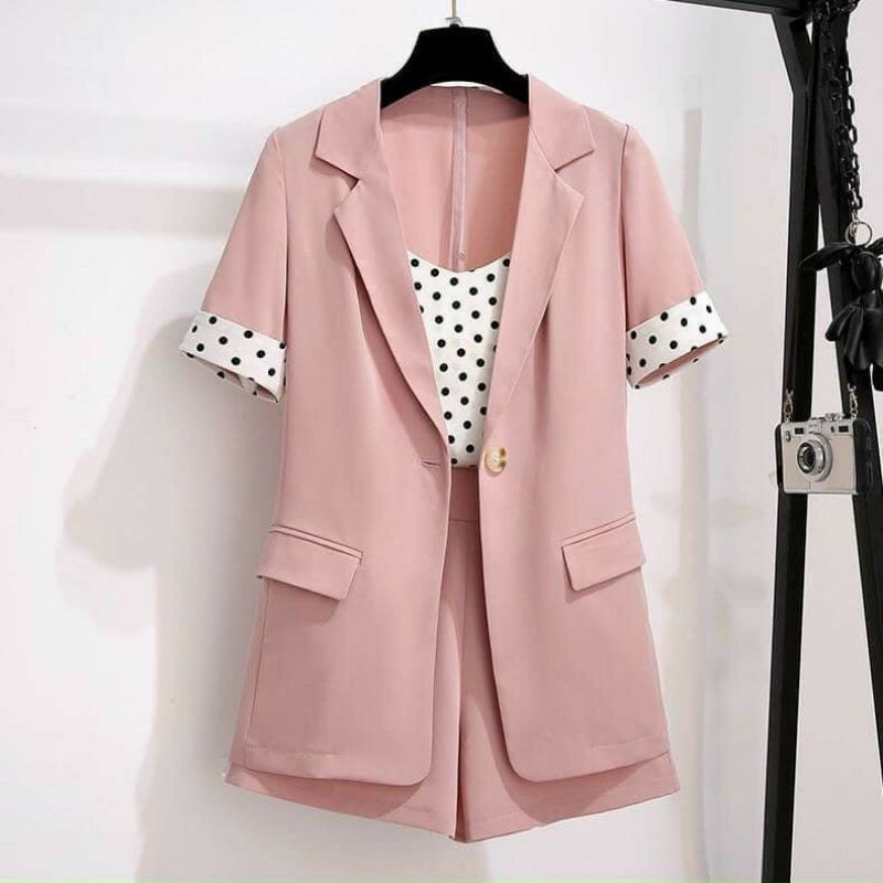 Hàng nhập - Set bộ vest nữ lụa kèm áo chấm bi, bộ vest blazer công sở du lịch xinh xắn