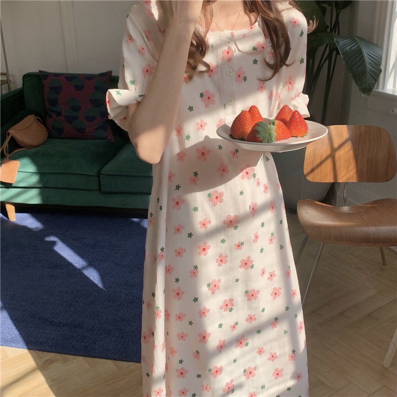 Đầm ngủ tay ngắn dáng dài in hoa kiểu hàn quốc thời trang mùa hè cho nữ