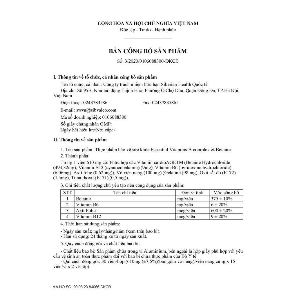 [Hỗ trợ tim mạch] Thực phẩm bảo vệ sức khỏe  Essential Vitamin 5 - Vitamins B-complex &amp; Betaine – 30 viên/lọ