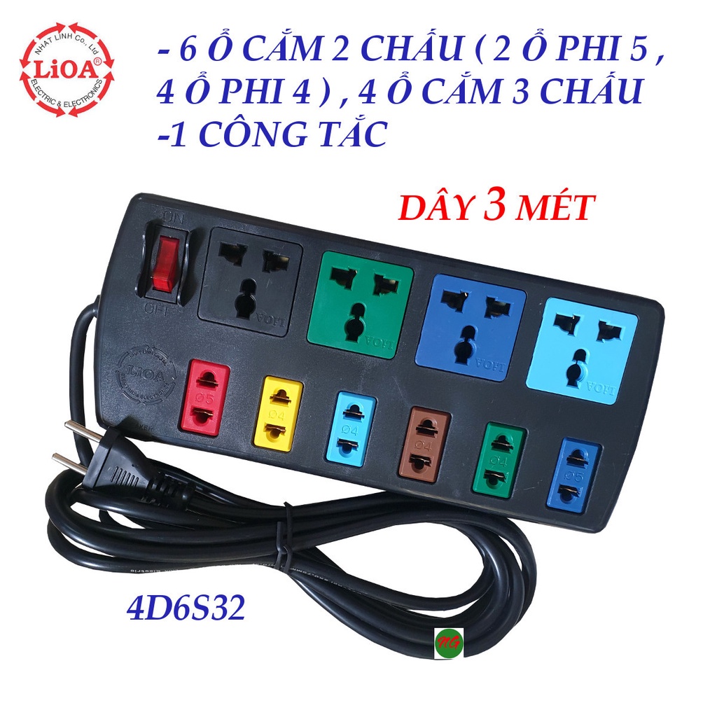 Ổ cắm điện LIOA 10 ổ cắm dây 3 mét 4D6S32 (Đen)