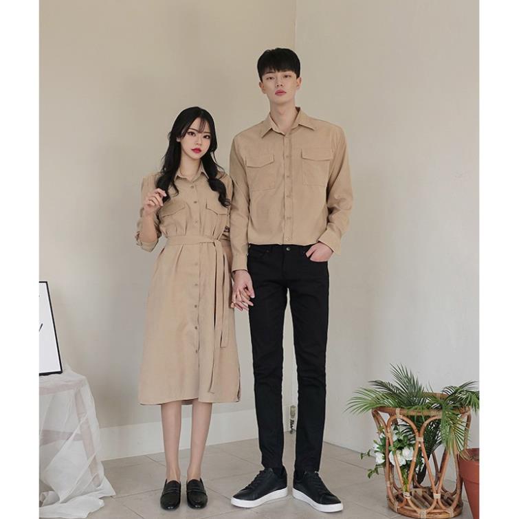 ঔৣ Áo Váy đôi ❤️FREESHIP❤️ Đồ đôi váy áo sơ mi nam nữ màu nude thắt eo dễ thương chụp ảnh đi biển AV130 ঔৣ