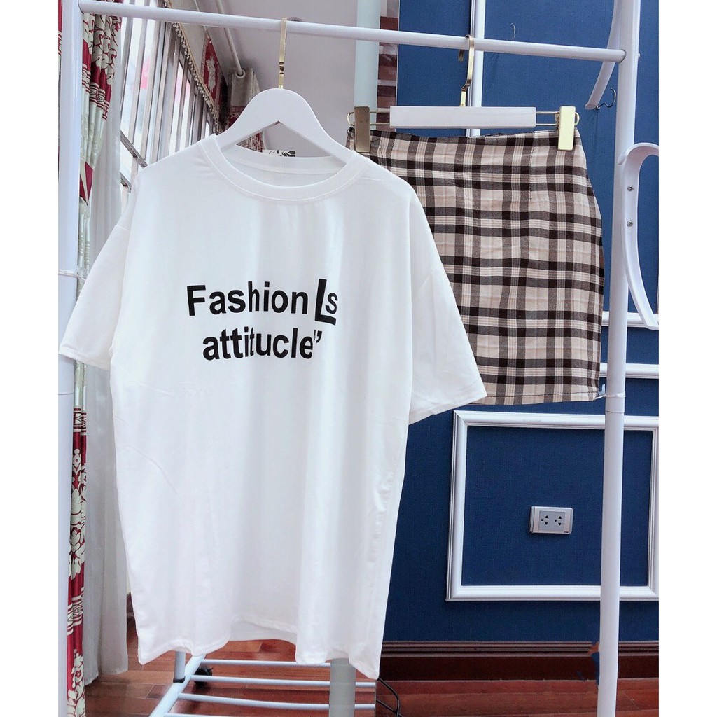 Set Bộ Áo Thun Fashion Mix Chân Váy Kẻ Caro Màu Be - Set Áo thun tay lỡ Fashion is Attitucle + chân váy caro chữ A