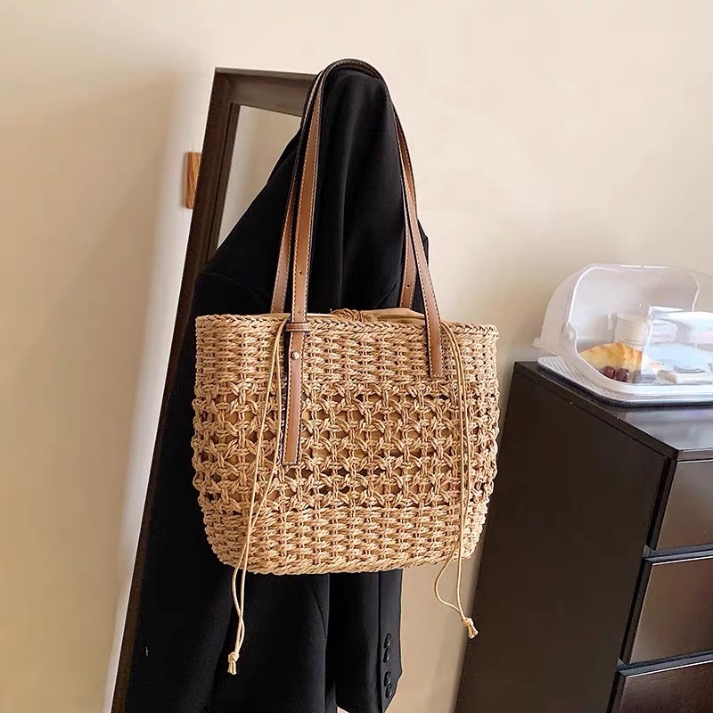 Túi cói quai da kiểu đan hoa xinh hàng Quảng Châu loại 1-Tiệm Cói Cô Lê