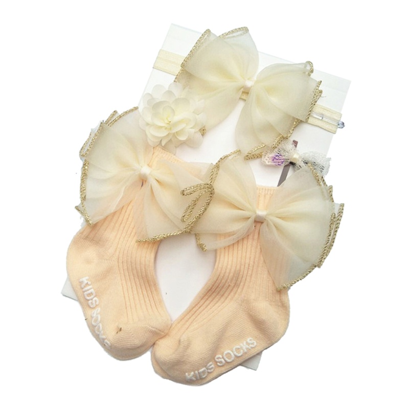 1 Bộ Vớ Cotton Mềm Mại Phối Ren Hoa + Băng Đô Cài Tóc + Hộp Kẹp Tóc