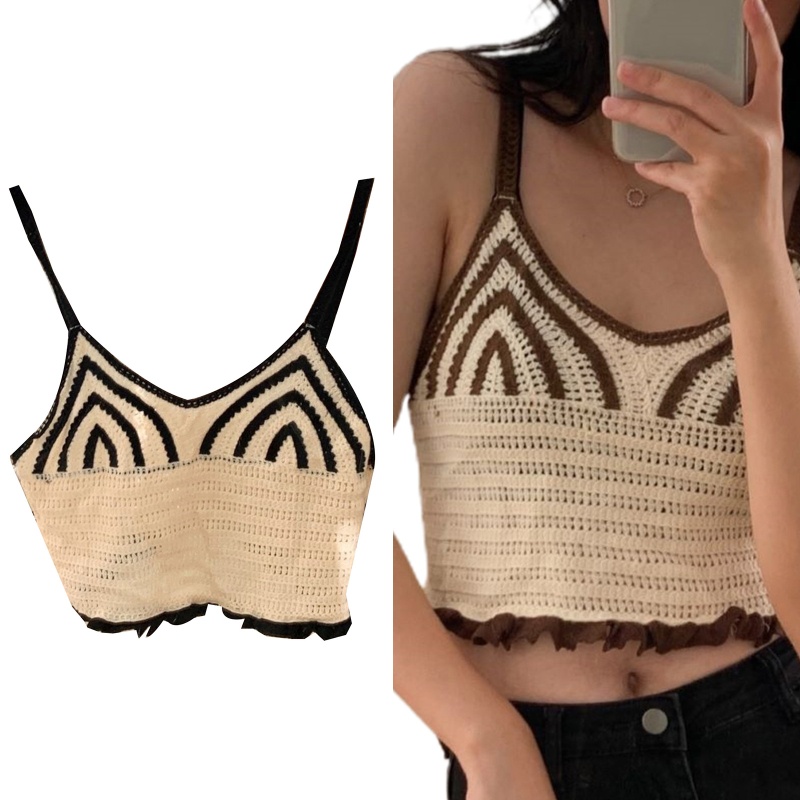 Áo Croptop Dệt Kim Hai Dây Kẻ Sọc Kiểu Vintage Đường Phố Hàn Quốc Thời Trang Mùa Hè Cho Bạn Gái