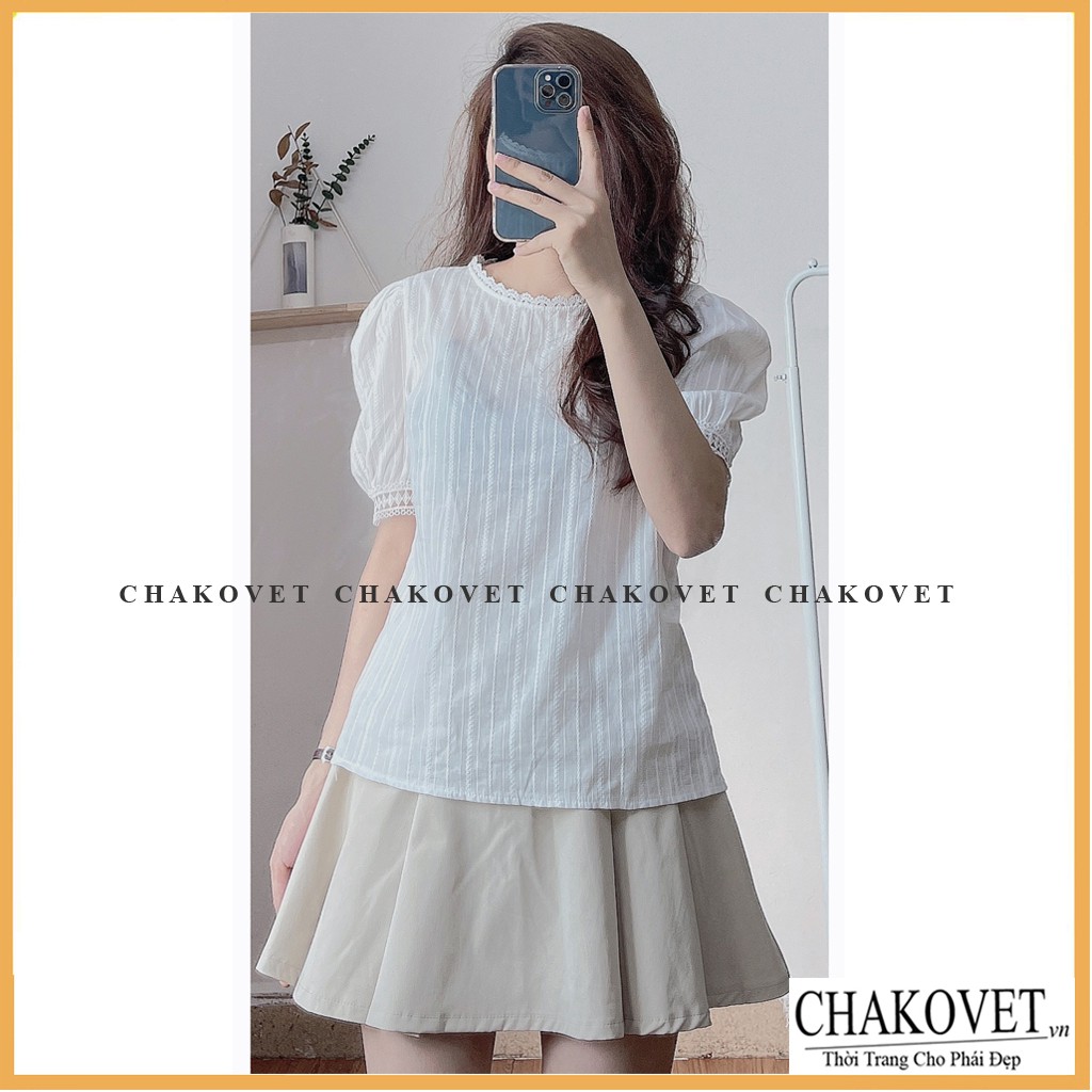 Áo sơ mi nữ cộc tay Chakovet, kèm ảnh thật, mẫu áo kiểu nữ Cổ ren tay bồng màu trắng - CA027 freesize &lt;47kg