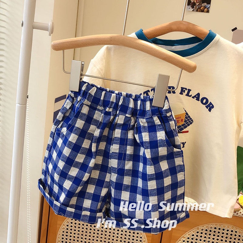 Set Áo Thun Tay Ngắn In Chữ Cái + Quần Short Kẻ Sọc Caro Trẻ Trung Thời Trang Hè 2022 Phong Cách Hàn Quốc Cho Bé