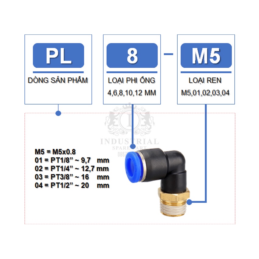 Đầu nối nhanh khí nén PL6 Series. Ống 6 mm, đủ các loại ren cho cút nối hơi và đầu nối hơi máy nén, xy lanh, máy lọc