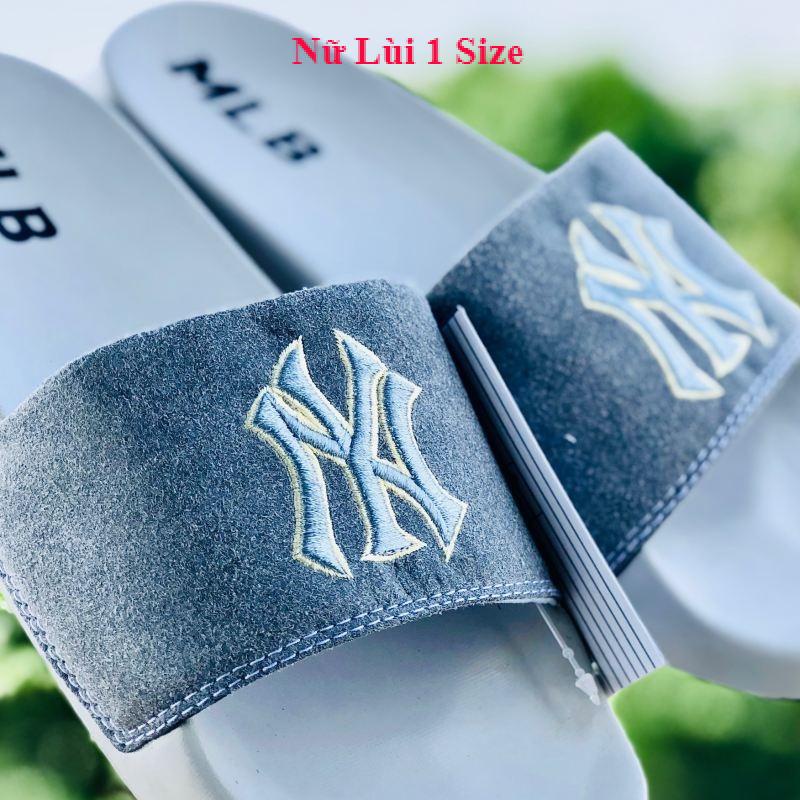 Dép unisex 𝐌𝐋𝐁 ❤️FREESHIP + Hộp❤️ dép mlb bóng chày quai ngang thể thao nữ in NY da lộn, đế ip bền, full-xám