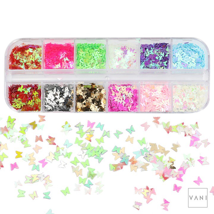 Hộp Kim Tuyến, Sticker Nail Hình Bướm Đắp Ẩn Móng Tay 12 Màu Phụ Kiện Nail - Vani Store