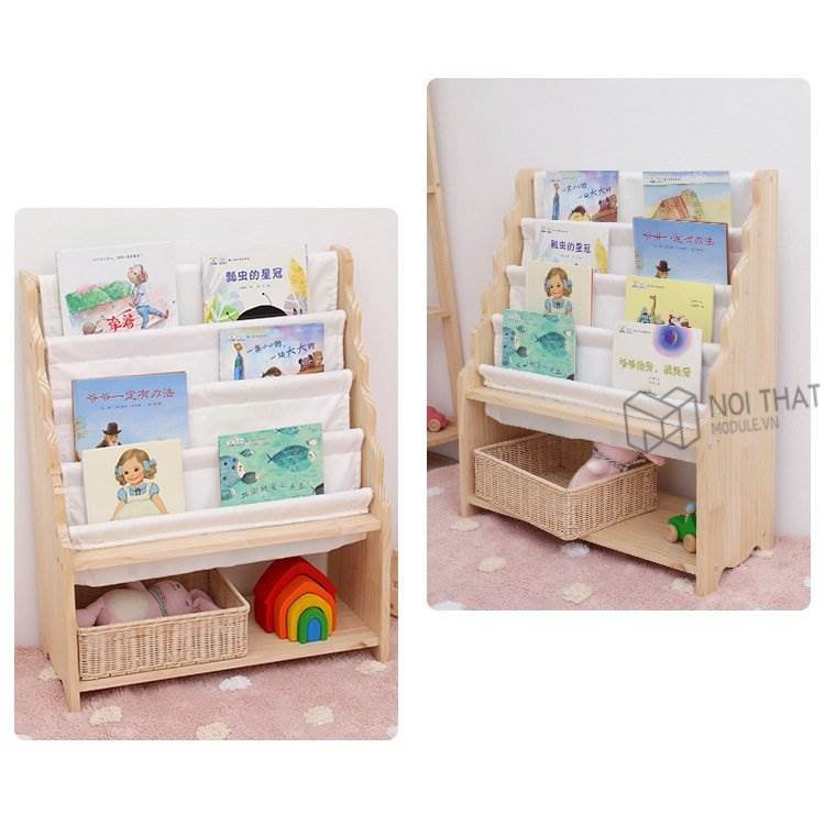 Kệ sách 4 tầng montessori, giá sách kèm hộc đổ đồ tiện lợi - chất liệu gỗ thông nhập khẩu hàng loại 1