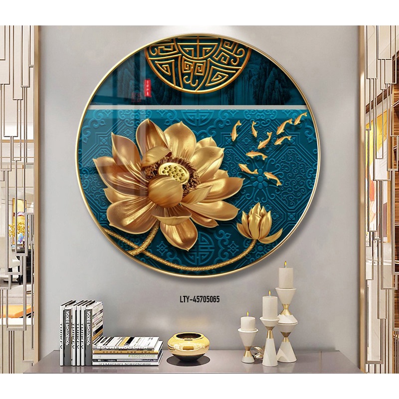 Tranh hình tròn trừu tượng Hoa sen và đàn cá vàng tài lộc may mắn GLTR0147 phủ bóng laminate cao cấp treo tường