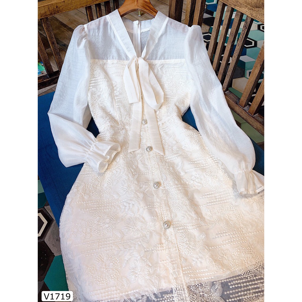 Váy ren xòe be nơ cổ V1719 - DVC Dolce Viva Colection Authentic ( Ảnh mẫu và ảnh trải sàn do shop tự chụp )