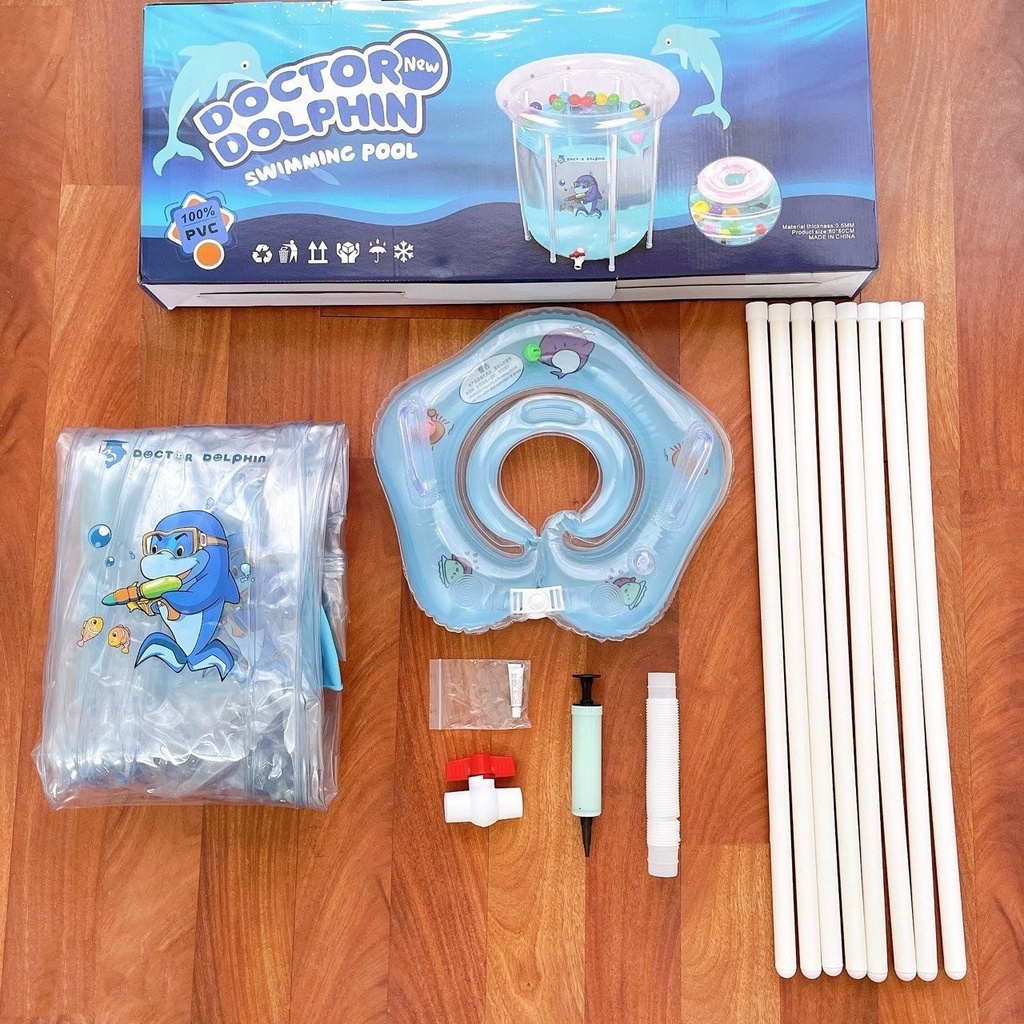 Bể Bơi Tròn Thành Cao Cho Bé Sơ Sinh Tập Bơi Kèm Phao Cổ, Đồ Bơm kích thước 80x80cm Dolphin