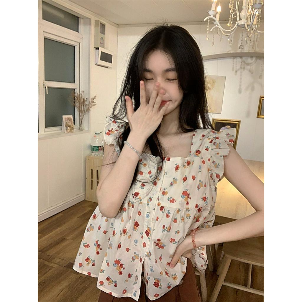 Áo Kiểu Cổ Vuông Tay Cánh Tiên Họa Tiết Hoa Nhỏ Xinh Xắn 63192