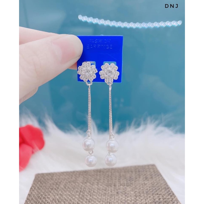 Bông tai nữ bạc thật dáng dài đính đá nhỏ sang chảnh - Kho sỉ bạc Nhất Linh