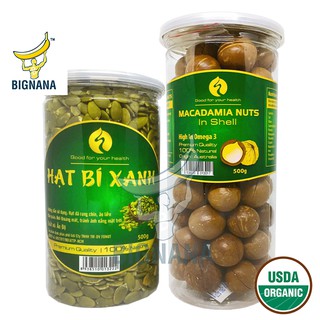 Combo Nhân Hạt Bí Xanh Ấn Độ 500gr, Macca Úc Nứt Vỏ Hộp 500gr, Tặng Kèm Miếng Tách Vỏ, Hạt Mắc Ca Khứa Vỏ