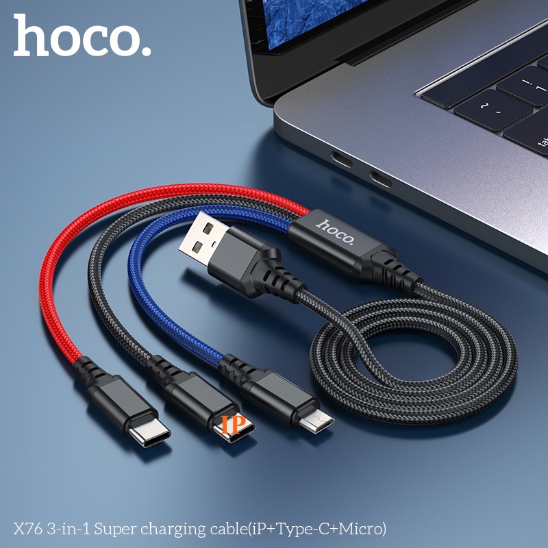 Dây cáp sạc 3 đầu Hoco X76 IP/Micro/TypeC dài 1m bọc dù dòng 2A