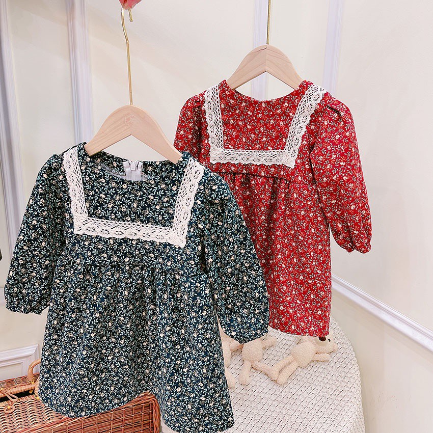 Váy cho bé - Váy thu hoa viền ren vuông bé gái QATE824 TB119