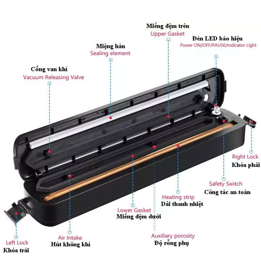 Máy hút chân không Vacuum Sealer kiêm hàn miệng túi, giúp bảo quản thực phẩm lâu hơn - Tặng kèm 10 túi hút