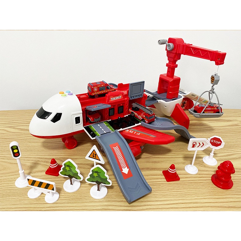 Đồ chơi máy bay chạy pin kèm 4 xe cứu hỏa kim loại hot wheels có giàn cẩu, đèn biển báo