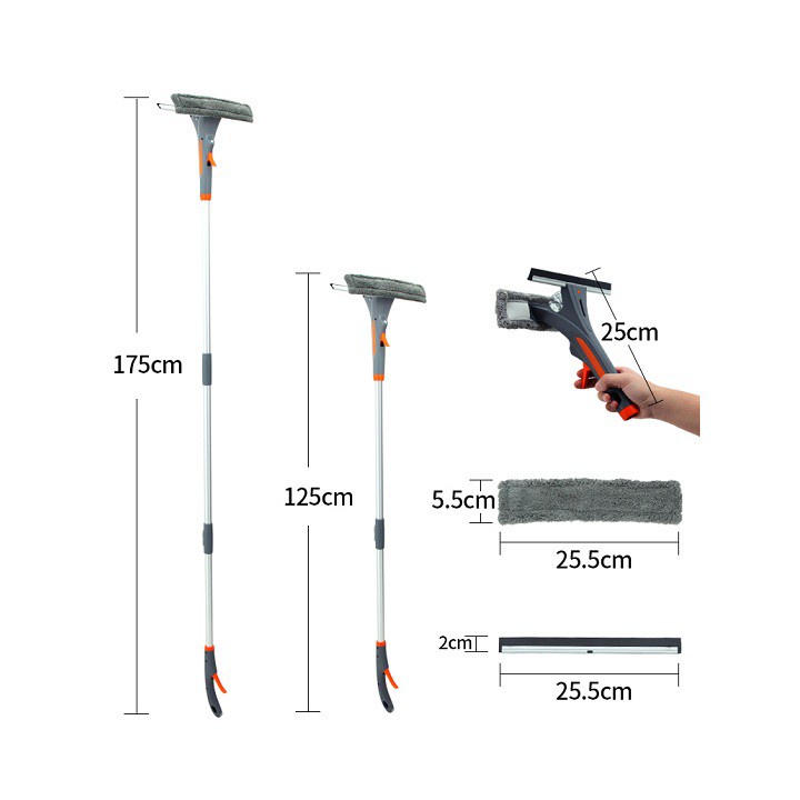 Cây lau kính thông minh cán dài 1,75m tặng kèm bông dự phòng - Chổi lau kính có bình sịt tự động đa năng